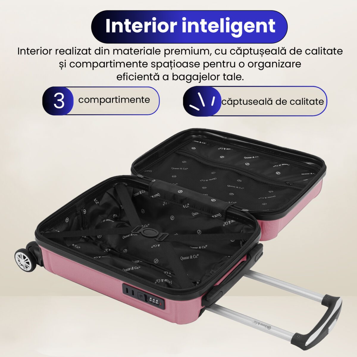Troler cabina avion Quasar & Co.®, 40x30x20cm, bagaj de mana, troller cu cifru, valiza 4 roti duble detasabile 360°, fermoar antifurt, maner telescopic lung, geamantan din ABS extradur, captuseala buretata, 2 compartimente, buzunar, SMART, Roz pudrat 7 Troler cabina avion Quasar & Co.®, 40x30x20cm, bagaj de mana, troller cu cifru, valiza 4 roti duble detasabile 360°, fermoar antifurt, maner telescopic lung, geamantan din ABS extradur, captuseala buretata, 2 compartimente, buzunar, SMART, Roz pudrat 7