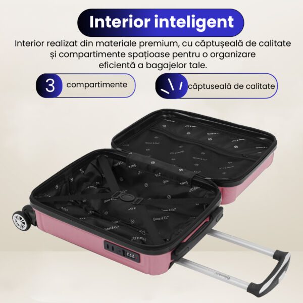 Troler cabina avion Quasar & Co.®, 40x30x20cm, bagaj de mana, troller cu cifru, valiza 4 roti duble detasabile 360°, fermoar antifurt, maner telescopic lung, geamantan din ABS extradur, captuseala buretata, 2 compartimente, buzunar, SMART, Roz pudrat - imagine 7