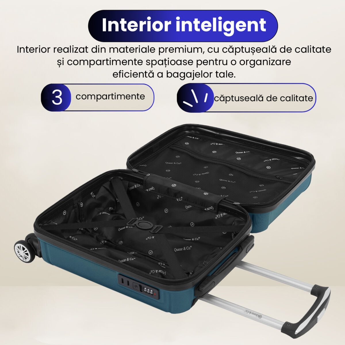 Troler cabina avion Quasar & Co.®, 55x35x20cm, bagaj de mana, troller cu fermoar antifurt, cifru, maner telescopic lung, geamantan cu 4 roti duble silentioase 360°, valiza ABS 2.8 mm, rezistent, 2 compartimente cu buzunar, 10kg, Smart, Albastru petrol 7