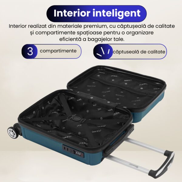Troler cabina avion Quasar & Co.®, 55x35x20cm, bagaj de mana, troller cu fermoar antifurt, cifru, maner telescopic lung, geamantan cu 4 roti duble silentioase 360°, valiza ABS 2.8 mm, rezistent, 2 compartimente cu buzunar, 10kg, Smart, Albastru petrol - imagine 7
