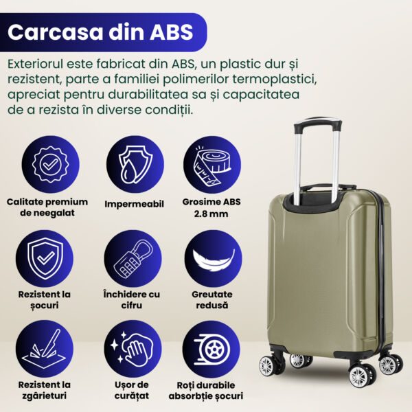 Set 2 trolere cabina, Quasar & Co.®, 40x30x20 cm cu roti detasabile si 55x35x20 cm, bagaj de mana, troller cu fermoar antifurt, cifru, maner telescopic lung, geamantan 4 roti duble 360°, valiza ABS 2.8 mm rezistent, 10kg, Smart, sampanie - imagine 6