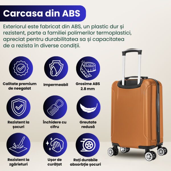 Set 2 trolere cabina, Quasar & Co.®, 40x30x20 cm cu roti detasabile si 55x35x20 cm, bagaj de mana, troller cu fermoar antifurt, cifru, maner telescopic lung, geamantan 4 roti duble 360°, valiza ABS 2.8 mm rezistent, 10kg, Smart, camel - imagine 6