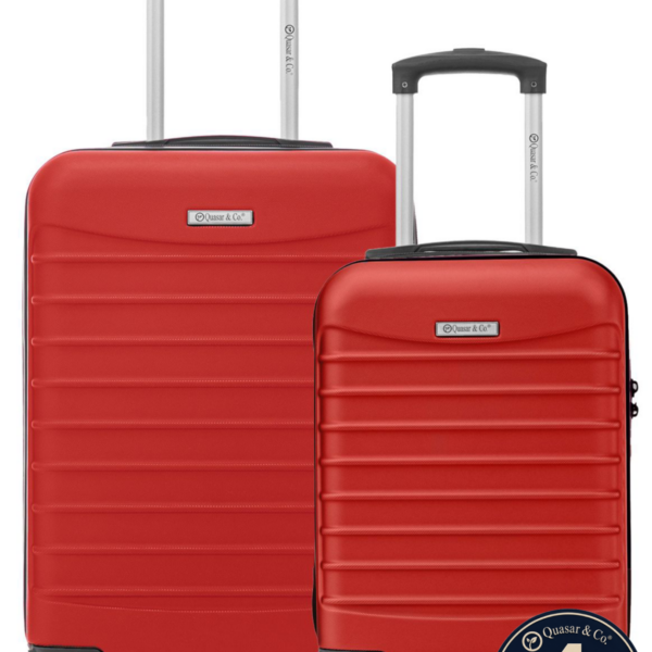 Set 2 trolere cabina Quasar & Co.®, 40x30x20 cm cu roti detasabile si 55x38x21 cm, bagaj de mana, troller cu fermoar antifurt, cifru, maner telescopic lung, geamantan 4 roti duble 360°, valiza ABS 2.8 mm rezistent, 10kg, LINE, Rosu