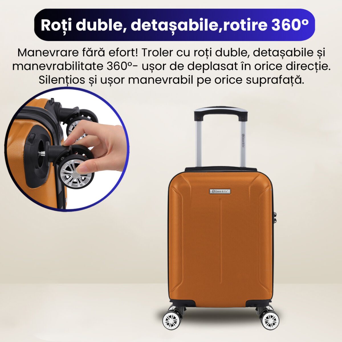 Troler cabina avion Quasar & Co.®, 40x30x20cm, bagaj de mana, troller cu cifru, valiza 4 roti duble detasabile 360°, fermoar antifurt, maner telescopic lung, geamantan din ABS extradur, captuseala buretata, 2 compartimente, buzunar, SMART, camel 8 Troler cabina avion Quasar & Co.®, 40x30x20cm, bagaj de mana, troller cu cifru, valiza 4 roti duble detasabile 360°, fermoar antifurt, maner telescopic lung, geamantan din ABS extradur, captuseala buretata, 2 compartimente, buzunar, SMART, camel 8
