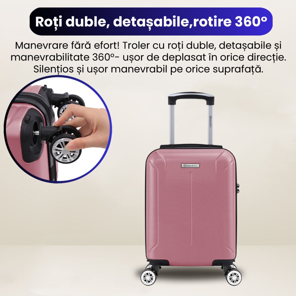 Troler cabina avion Quasar & Co.®, 40x30x20cm, bagaj de mana, troller cu cifru, valiza 4 roti duble detasabile 360°, fermoar antifurt, maner telescopic lung, geamantan din ABS extradur, captuseala buretata, 2 compartimente, buzunar, SMART, Roz pudrat 8 Troler cabina avion Quasar & Co.®, 40x30x20cm, bagaj de mana, troller cu cifru, valiza 4 roti duble detasabile 360°, fermoar antifurt, maner telescopic lung, geamantan din ABS extradur, captuseala buretata, 2 compartimente, buzunar, SMART, Roz pudrat 8