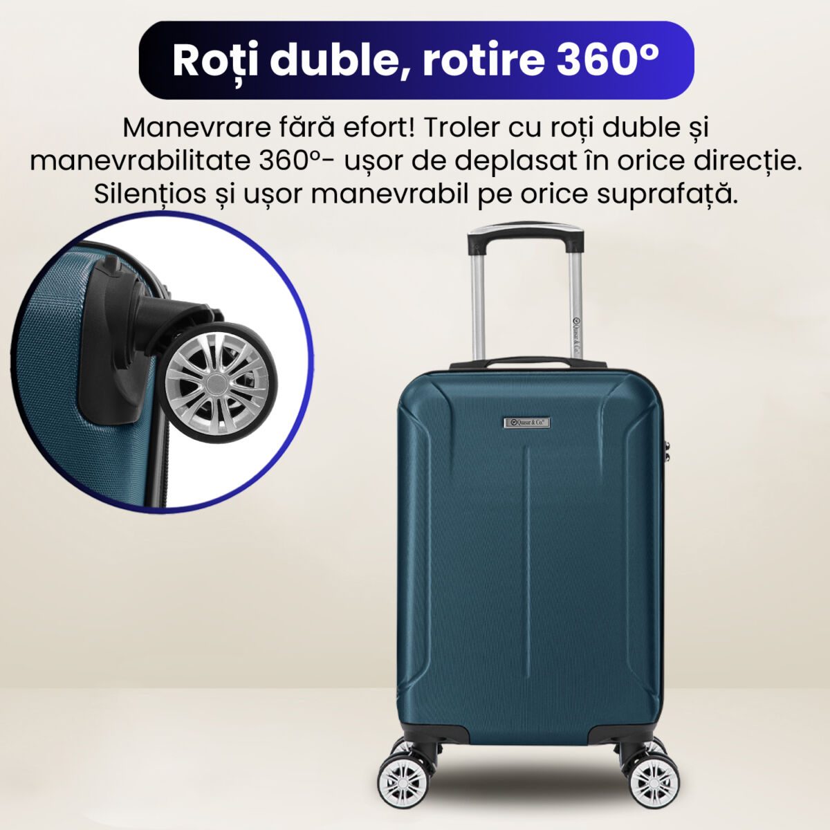 Troler cabina avion Quasar & Co.®, 55x35x20cm, bagaj de mana, troller cu fermoar antifurt, cifru, maner telescopic lung, geamantan cu 4 roti duble silentioase 360°, valiza ABS 2.8 mm, rezistent, 2 compartimente cu buzunar, 10kg, Smart, Albastru petrol 8