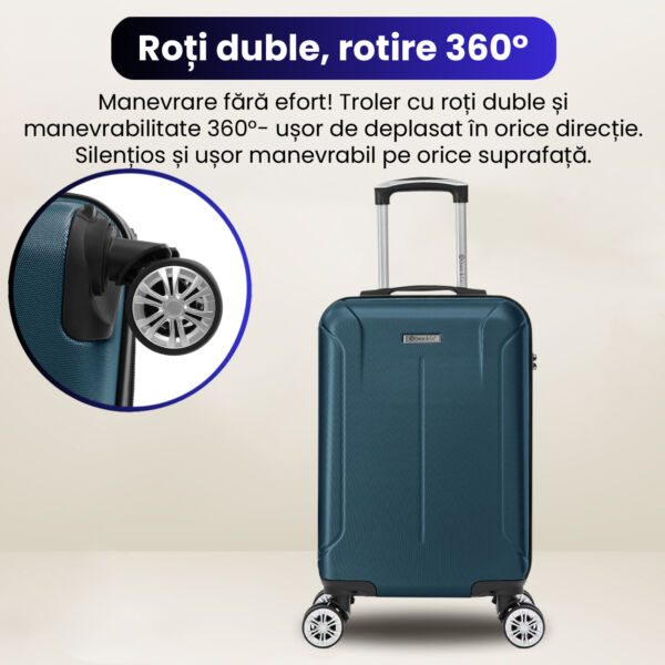 Troler cabina avion Quasar & Co.®, 55x35x20cm, bagaj de mana, troller cu fermoar antifurt, cifru, maner telescopic lung, geamantan cu 4 roti duble silentioase 360°, valiza ABS 2.8 mm, rezistent, 2 compartimente cu buzunar, 10kg, Smart, Albastru petrol - imagine 8