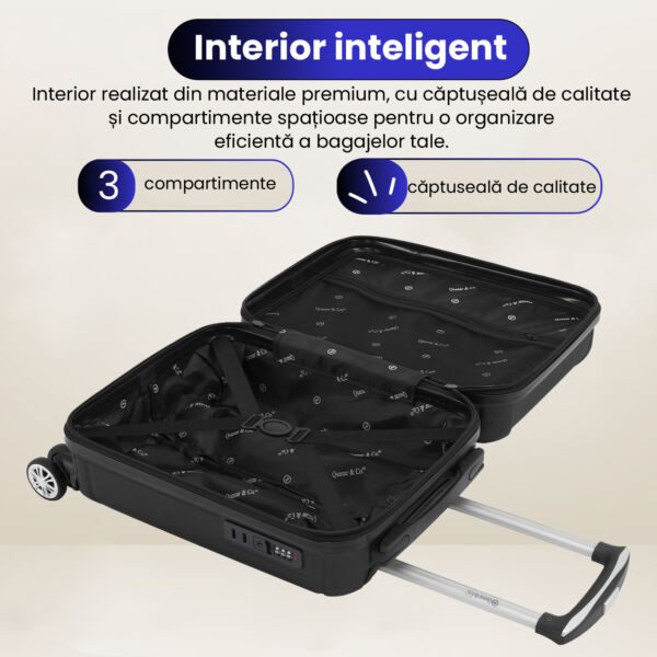 Set 2 trolere cabina, Quasar & Co.®, 40x30x20 cm cu roti detasabile si 55x35x20 cm, bagaj de mana, troller cu fermoar antifurt, cifru, maner telescopic lung, geamantan 4 roti duble 360°, valiza ABS 2.8 mm rezistent, 10kg, Smart, negru - imagine 7