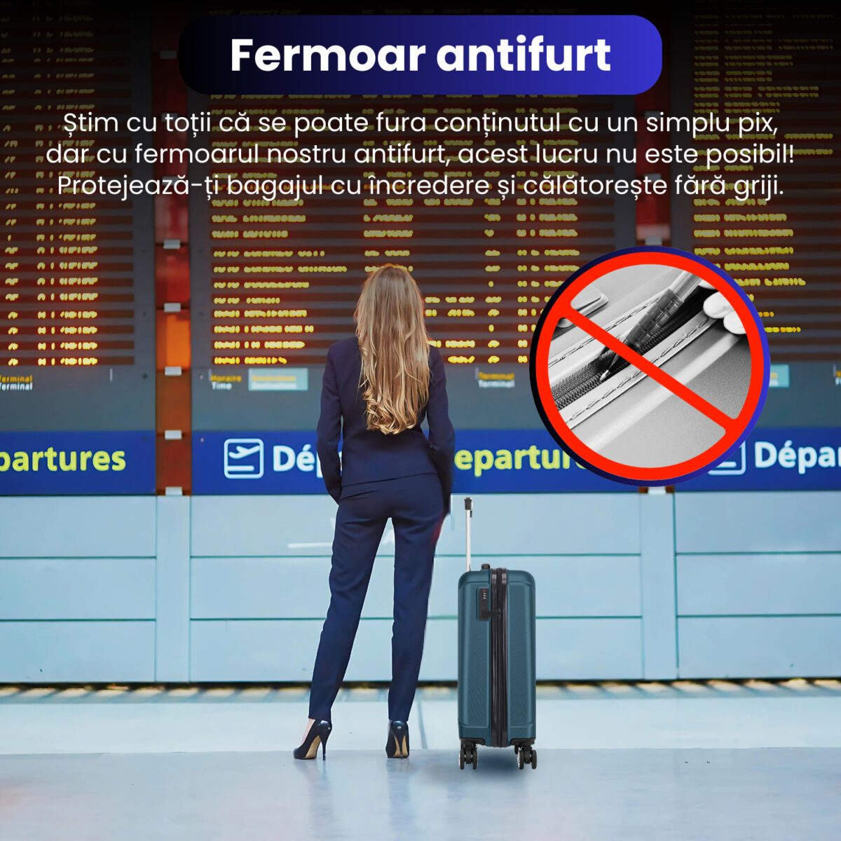 Troler cabina avion Quasar & Co.®, 55x35x20cm, bagaj de mana, troller cu fermoar antifurt, cifru, maner telescopic lung, geamantan cu 4 roti duble silentioase 360°, valiza ABS 2.8 mm, rezistent, 2 compartimente cu buzunar, 10kg, Smart, Albastru petrol 9