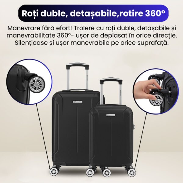 Set 2 trolere cabina, Quasar & Co.®, 40x30x20 cm cu roti detasabile si 55x35x20 cm, bagaj de mana, troller cu fermoar antifurt, cifru, maner telescopic lung, geamantan 4 roti duble 360°, valiza ABS 2.8 mm rezistent, 10kg, Smart, negru - imagine 8