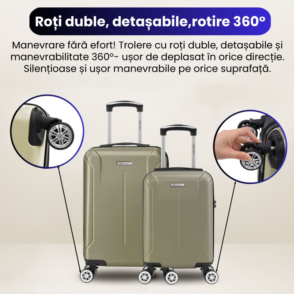 Set 2 trolere cabina, Quasar & Co.®, 40x30x20 cm cu roti detasabile si 55x35x20 cm, bagaj de mana, troller cu fermoar antifurt, cifru, maner telescopic lung, geamantan 4 roti duble 360°, valiza ABS 2.8 mm rezistent, 10kg, Smart, sampanie 8