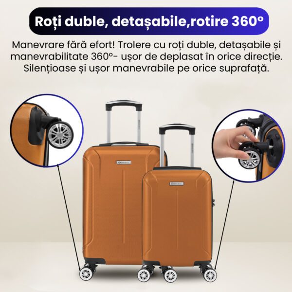 Set 2 trolere cabina, Quasar & Co.®, 40x30x20 cm cu roti detasabile si 55x35x20 cm, bagaj de mana, troller cu fermoar antifurt, cifru, maner telescopic lung, geamantan 4 roti duble 360°, valiza ABS 2.8 mm rezistent, 10kg, Smart, camel - imagine 8