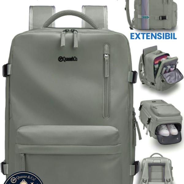 Rucsac bagaj de mana avion Quasar & Co.®, extensibil 43x30x20-28 cm, rucsac calatorie/voiaj multifunctional, impermeabil, compartiment pantofi, compartiment laptop, sistem agatare pe troler, pretabil drumetii/scoala, cu USB, textil, kaky