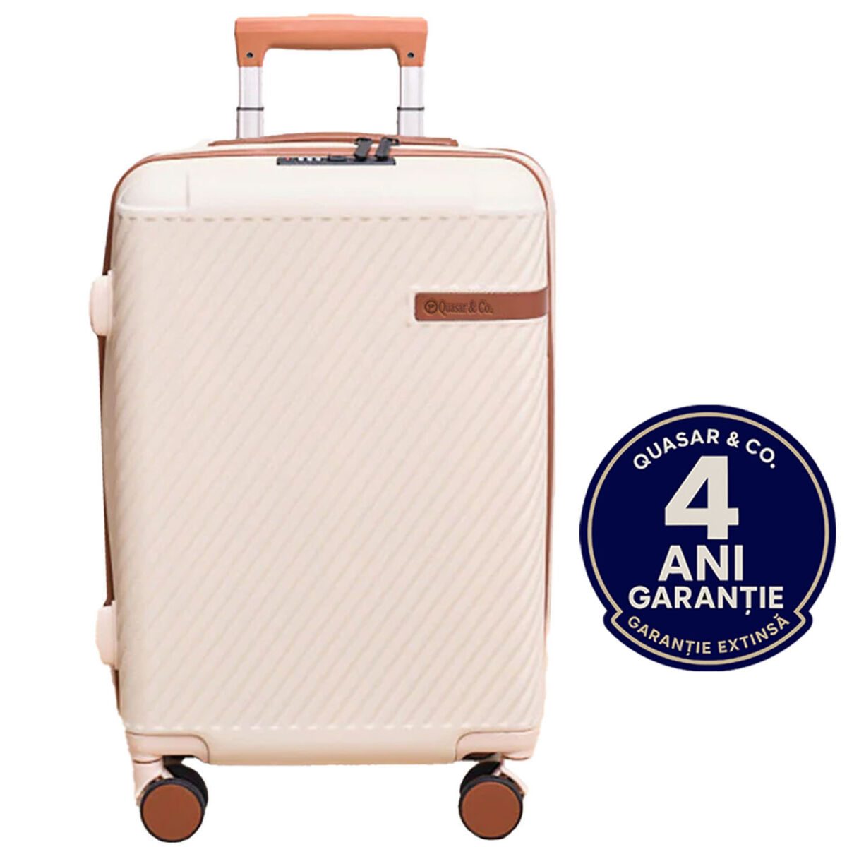 L romana Troler mare Quasar & Co.®, 74x48x30 cm, bagaj de cala, valiza cu cifru, maner telescopic lung, geamantan cu 4 roti duble silentioase 360°, ABS, 2 compartimente cu buzunar, LUXOR, bej