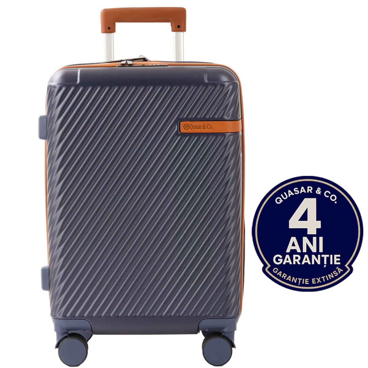 Troler mare Quasar & Co.®, 74x48x30 cm, bagaj de cala, valiza cu cifru, maner telescopic lung, geamantan cu 4 roti duble silentioase 360°, ABS, 2 compartimente cu buzunar, LUXOR, albastru