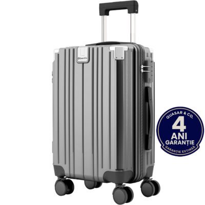 Troler mediu, Quasar & Co.®, 66x45x26cm, bagaj de cala, troller cu maner telescopic, geamantan cu 4 roti duble silentioase 360°, valiza ABS+PC, suport pahar, ZENO, gri 8