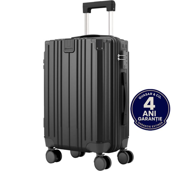 Troler mediu, Quasar & Co.®, 66x45x26cm, bagaj de cala, troller cu cifru, maner telescopic, geamantan cu 4 roti duble silentioase 360°, valiza ABS+PC, port USB, ZENO, negru - imagine 1