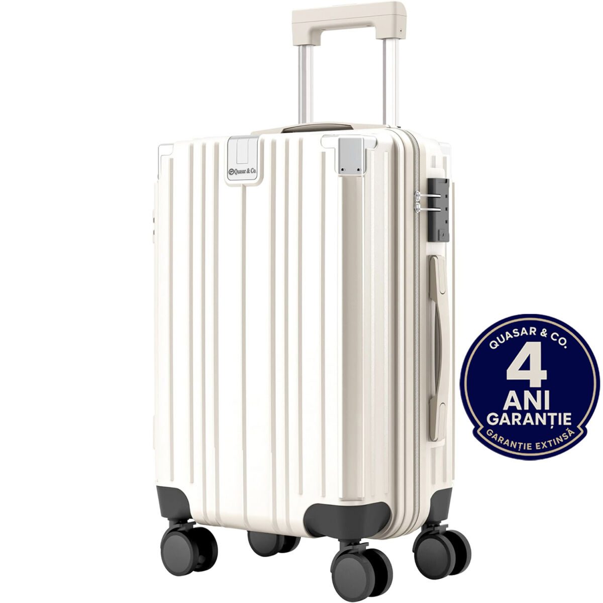 Troler mediu, Quasar & Co.®, 66x45x26cm, bagaj de cala, troller cu cifru TSA, maner telescopic, geamantan cu 4 roti duble silentioase 360°, valiza ABS+PC, port USB, suport pahar, ZENO, alb