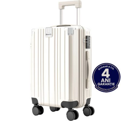 Troler mediu, Quasar & Co.®, 66x45x26cm, bagaj de cala, troller cu cifru TSA, maner telescopic, geamantan cu 4 roti duble silentioase 360°, valiza ABS+PC, port USB, suport pahar, ZENO, alb 8