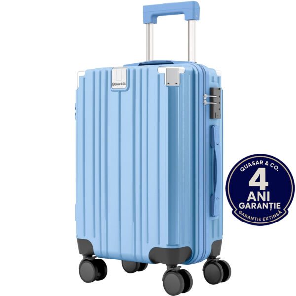 Troler mediu, Quasar & Co.®, 66x45x26cm, bagaj de cala, troller cu maner telescopic, geamantan cu 4 roti duble silentioase 360°, valiza ABS+PC, suport pahar, ZENO, albastru - imagine 1