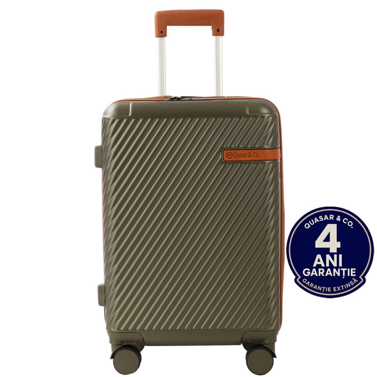 Troler mediu extensibil Quasar & Co.®, 64x41x26.5-31 cm, bagaj de cala, valiza cu cifru, maner telescopic lung, geamantan cu 4 roti duble silentioase 360°, ABS, 2 compartimente cu buzunar, LUXOR, kaki