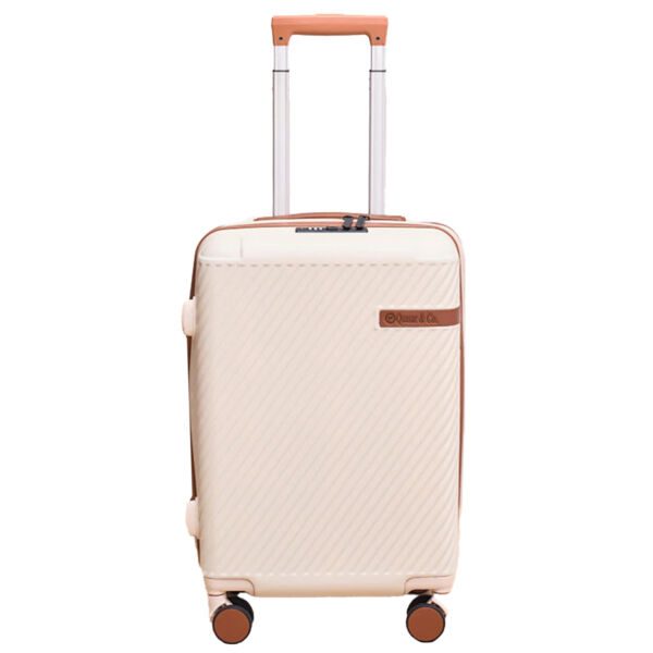 Troler cabina avion Quasar & Co.®, 56x38x23cm, bagaj de mana, troller cu cifru, maner telescopic lung, geamantan cu 4 roti duble silentioase 360°, valiza ABS, 2 compartimente cu buzunar, LUXOR, bej - imagine 2
