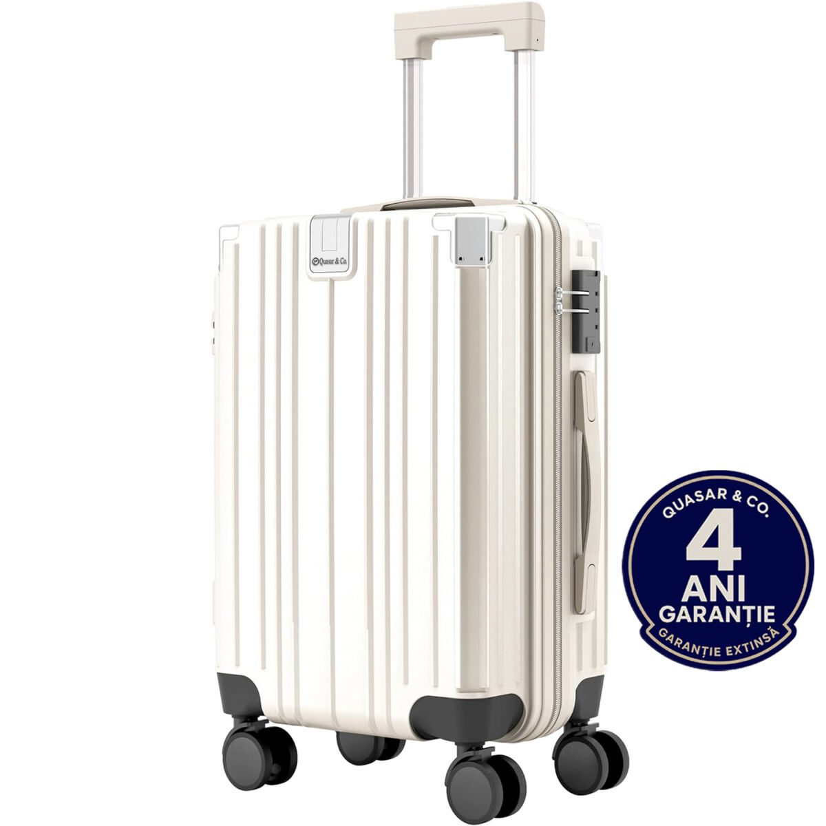S copy romana Troler cabina avion Quasar & Co.®, 54x36x23cm, bagaj de mana, troller cu maner telescopic, geamantan cu 4 roti duble silentioase 360°, valiza ABS+PC, suport pahar, ZENO, alb
