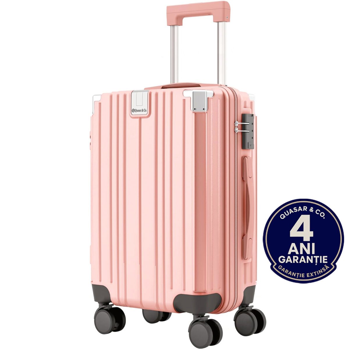 S copy romana Troler cabina avion Quasar & Co.®, 54x36x23cm, bagaj de mana, troller cu maner telescopic, geamantan cu 4 roti duble silentioase 360°, valiza ABS+PC, suport pahar, ZENO, roz