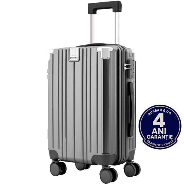 Troler cabina avion Quasar & Co.®, 54x36x23cm, bagaj de mana, troller cu maner telescopic, geamantan cu 4 roti duble silentioase 360°, valiza ABS+PC, suport pahar, ZENO, gri - imagine 1