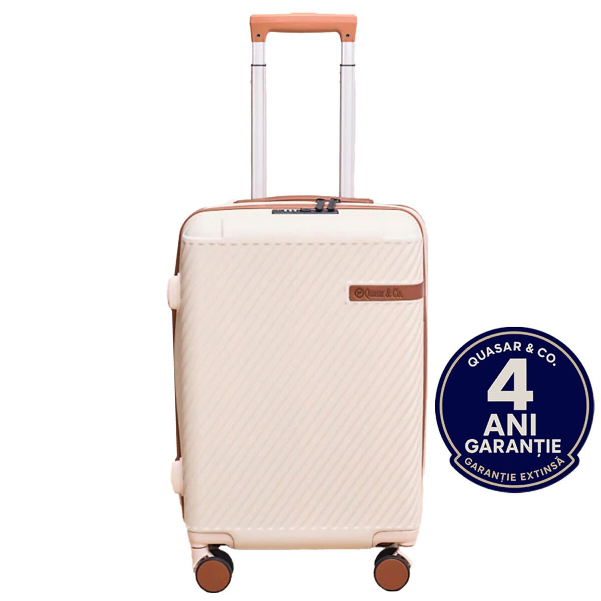 S romana Troler cabina avion Quasar & Co.®, 56x38x23cm, bagaj de mana, troller cu cifru, maner telescopic lung, geamantan cu 4 roti duble silentioase 360°, valiza ABS, 2 compartimente cu buzunar, LUXOR, bej