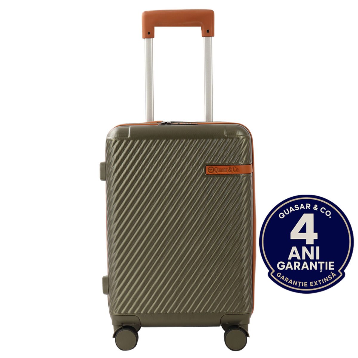 Troler cabina avion Quasar & Co.®, 56x38x23cm, bagaj de mana, troller cu cifru, maner telescopic lung, geamantan cu 4 roti duble silentioase 360°, valiza ABS, 2 compartimente cu buzunar, LUXOR, kaki