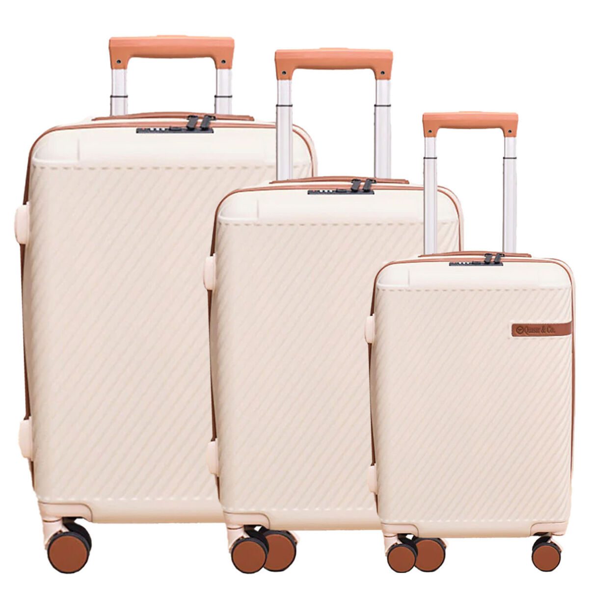Set 3 trolere, Quasar & Co.®, S/M/L, valize, bagaje cu cifru, maner telescopic, geamantane cu 4 roti duble silentioase 360°, ABS, cate 2 compartimente cu buzunar, LUXOR, bej 2
