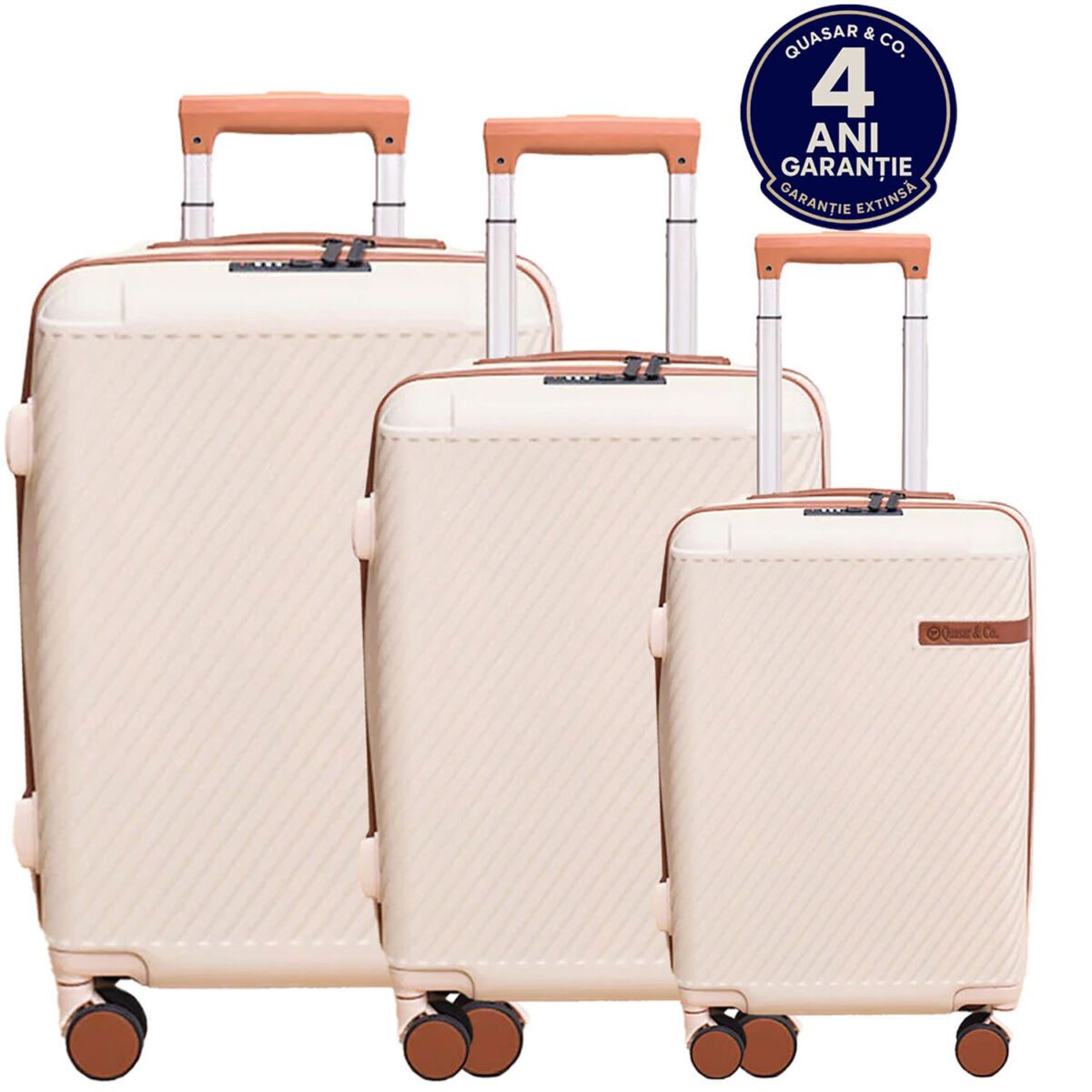 Set 3 trolere, Quasar & Co.®, S/M/L, valize, bagaje cu cifru, maner telescopic, geamantane cu 4 roti duble silentioase 360°, ABS, cate 2 compartimente cu buzunar, LUXOR, bej