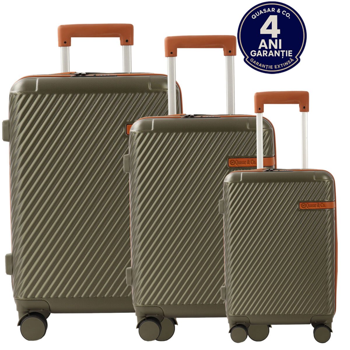 Set 3 trolere, Quasar & Co.®, S/M/L, valize, bagaje cu cifru, maner telescopic, geamantane cu 4 roti duble silentioase 360°, ABS, cate 2 compartimente cu buzunar, LUXOR, kaki