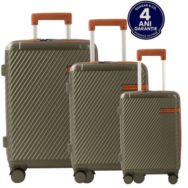 Set 3 trolere, Quasar & Co.®, S/M/L, valize, bagaje cu cifru, maner telescopic, geamantane cu 4 roti duble silentioase 360°, ABS, cate 2 compartimente cu buzunar, LUXOR, kaki - imagine 1