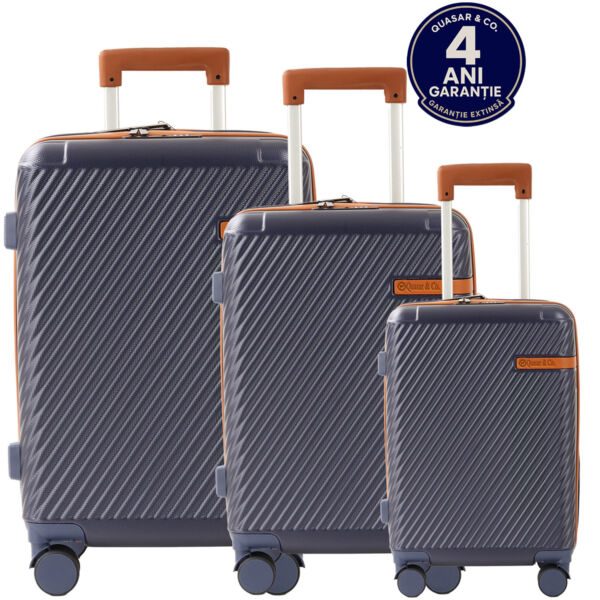 Set 3 trolere, Quasar & Co.®, S/M/L, valize, bagaje cu cifru, maner telescopic, geamantane cu 4 roti duble silentioase 360°, ABS, cate 2 compartimente cu buzunar, LUXOR, albastru - imagine 1