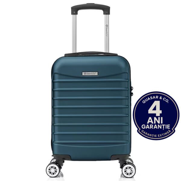 Troler cabina avion Quasar & Co.®, 40x30x20cm, bagaj de mana, troller cu fermoar sigur, cifru, maner telescopic lung, geamantan cu 4 roti duble, detasabile, 360°, valiza ABS 2.8 mm, rezistent, 2 compartimente cu buzunar, 10kg, LINE, albastru petrol Trolere cabina 2026-04-18 2