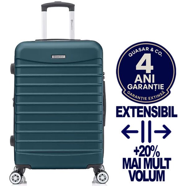 Troler mare extensibil Quasar & Co.®, 77x49x31-36cm, bagaj de cala, troller avion cu fermoar antifurt, cifru, maner telescopic, geamantan cu 4 roti duble silentioase 360°, valiza ABS 2.8 mm, 2 compartimente cu buzunar, LINE, Albastru petrol Trolere mari 2026-04-18 2