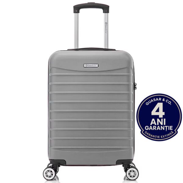Troler cabina avion Quasar & Co.®, 55x36x20cm, bagaj de mana, troller cu fermoar antifurt, cifru, maner telescopic lung, geamantan cu 4 roti duble silentioase 360°, valiza ABS 2.8 mm, rezistent, 2 compartimente cu buzunar, 10kg, LINE, argintiu Trolere cabina 2026-04-18 2