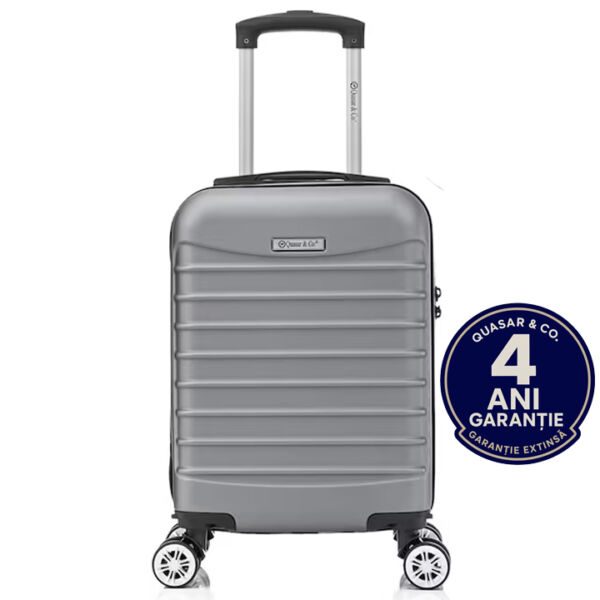 Troler cabina avion Quasar & Co.®, 40x30x20cm, bagaj de mana, troller cu fermoar sigur, cifru, maner telescopic lung, geamantan cu 4 roti duble, detasabile, 360°, valiza ABS 2.8 mm, rezistent, 2 compartimente cu buzunar, 10kg, LINE, argintiu Trolere cabina 2026-04-18 2