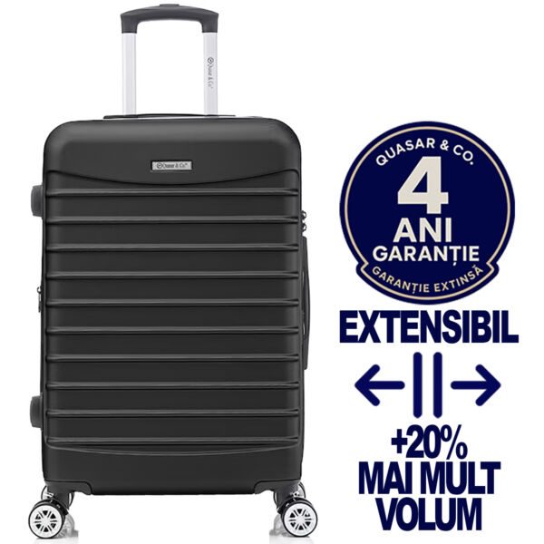 Troler mare extensibil Quasar & Co.®, 77x49x31-36cm, bagaj de cala, troller avion cu fermoar antifurt, cifru, maner telescopic, geamantan cu 4 roti duble silentioase 360°, valiza ABS 2.8 mm, 2 compartimente cu buzunar, LINE, Negru Trolere mari 2026-04-18 2