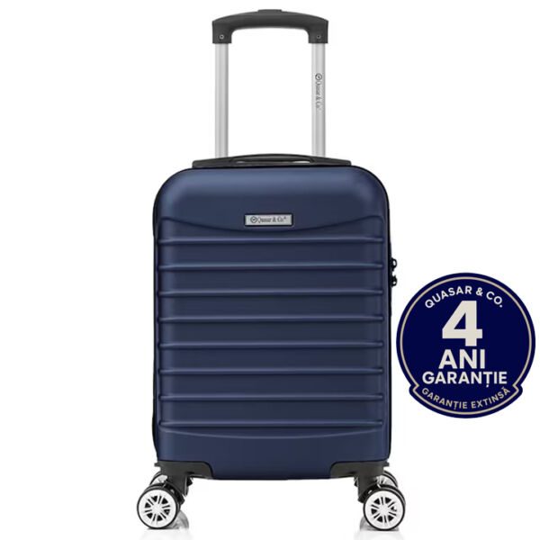 Troler cabina avion Quasar & Co.®, 40x30x20cm, bagaj de mana, troller cu fermoar sigur, cifru, maner telescopic lung, geamantan cu 4 roti duble, detasabile, 360°, valiza ABS 2.8 mm, rezistent, 2 compartimente cu buzunar, 10kg, LINE, bleumarin Trolere cabina 2026-04-18 2