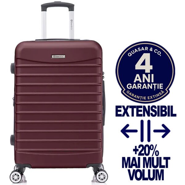 Troler mare extensibil Quasar & Co.®, 77x49x31-36cm, bagaj de cala, troller avion cu fermoar antifurt, cifru, maner telescopic, geamantan cu 4 roti duble silentioase 360°, valiza ABS 2.8 mm, 2 compartimente cu buzunar, LINE, Visiniu Trolere mari 2026-04-18 2
