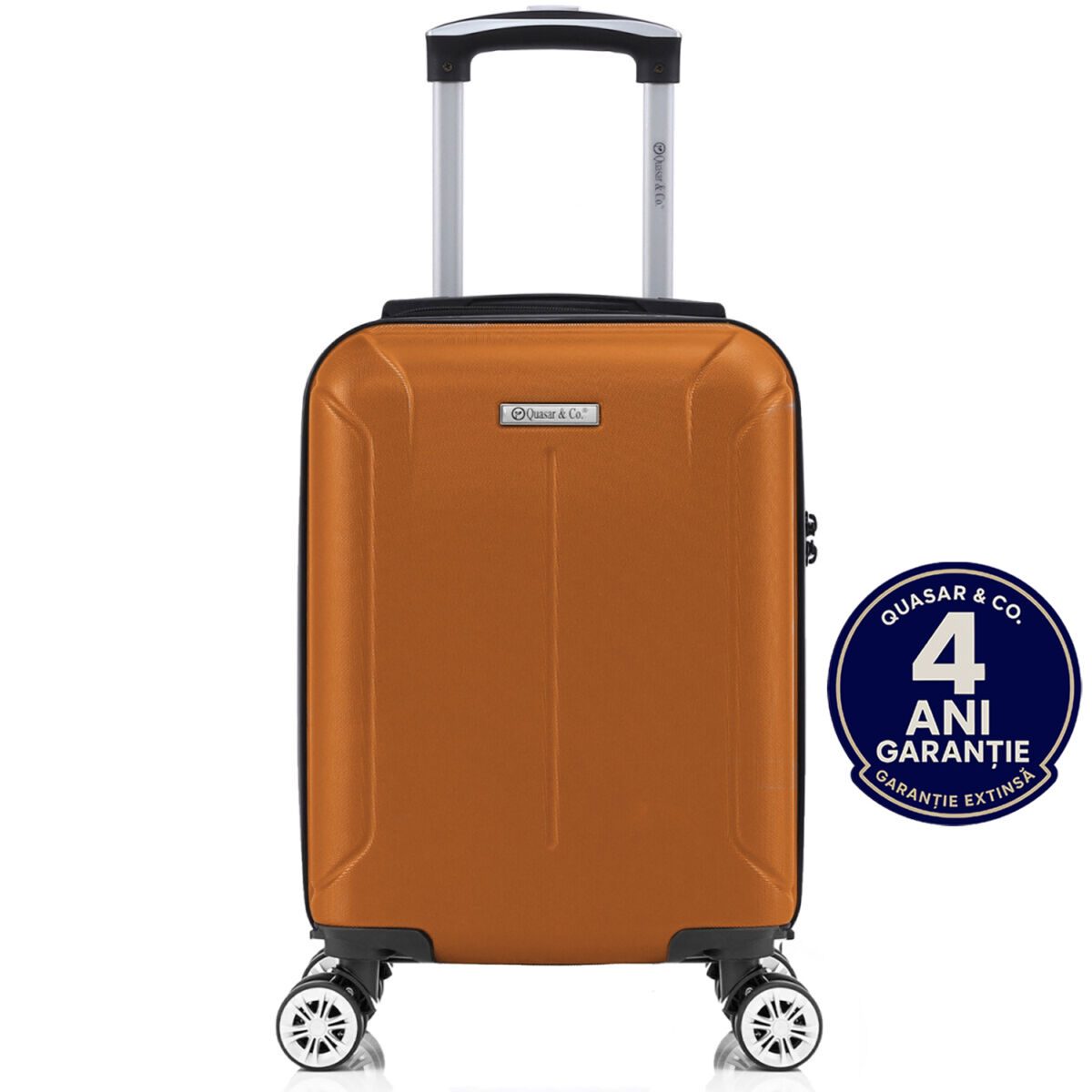 camel romana Troler cabina avion Quasar & Co.®, 40x30x20cm, bagaj de mana, troller cu cifru, valiza 4 roti duble detasabile 360°, fermoar antifurt, maner telescopic lung, geamantan din ABS extradur, captuseala buretata, 2 compartimente, buzunar, SMART, camel