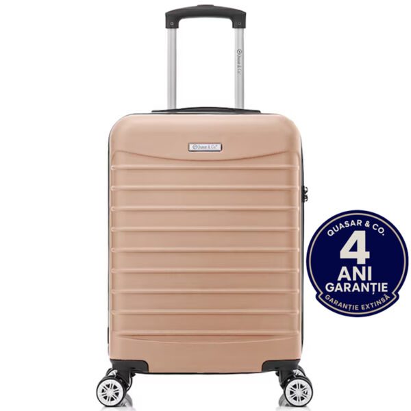 Troler cabina avion Quasar & Co.®, 55x36x20cm, bagaj de mana, troller cu fermoar antifurt, cifru, maner telescopic lung, geamantan cu 4 roti duble silentioase 360°, valiza ABS 2.8 mm, rezistent, 2 compartimente cu buzunar, 10kg, LINE, crem Trolere cabina 2026-04-18 2
