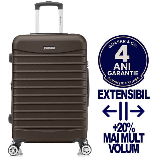 Troler mare extensibil Quasar & Co.®, 77x49x31-36cm, bagaj de cala, troller avion cu fermoar antifurt, cifru, maner telescopic, geamantan cu 4 roti duble silentioase 360°, valiza ABS 2.8 mm, 2 compartimente cu buzunar, LINE, Dark Coffee Trolere mari 2026-04-18 2