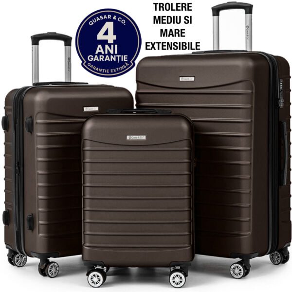 Set 3 trolere Quasar & Co.®, S/M/L, valize cu fermoar antifurt, bagaje cu cifru, maner telescopic, geamantane cu 4 roti duble silentioase 360°, ABS 2.8 mm extradur, captuseala buretata, cate 2 compartimente cu buzunar, LINE, Dark Coffee Set 3 trolere 2026-04-18 2