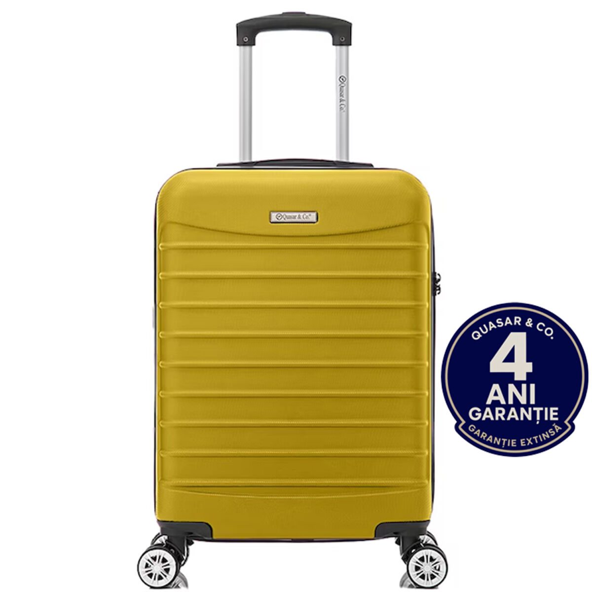 Troler cabina avion Quasar & Co.®, 55x36x20cm, bagaj de mana, troller cu fermoar antifurt, cifru, maner telescopic lung, geamantan cu 4 roti duble silentioase 360°, valiza ABS 2.8 mm, rezistent, 2 compartimente cu buzunar, 10kg, LINE, galben
