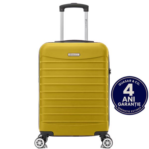 Troler cabina avion Quasar & Co.®, 55x36x20cm, bagaj de mana, troller cu fermoar antifurt, cifru, maner telescopic lung, geamantan cu 4 roti duble silentioase 360°, valiza ABS 2.8 mm, rezistent, 2 compartimente cu buzunar, 10kg, LINE, galben - imagine 1