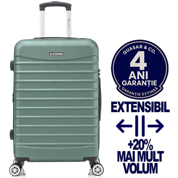 Troler mare extensibil Quasar & Co.®, 77x49x31-36cm, bagaj de cala, troller avion cu fermoar antifurt, cifru, maner telescopic, geamantan cu 4 roti duble silentioase 360°, valiza ABS 2.8 mm, 2 compartimente cu buzunar, LINE, Turcoaz deschis Trolere mari 2026-04-18 2